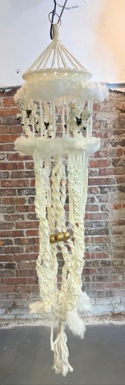 Vintage 60” Macrame Carousel Horse Mobile Hanging Nursery Decor Boho Handmade 60